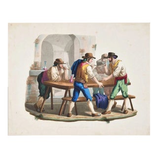 Gioco di Morra - Etching a Watercolor by Bartolomeo Pinelli - 19th Century 19th Century For Sale