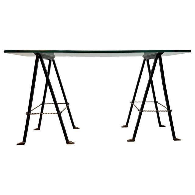 Iron and Brass Trestle Console with Glass Top, 1950s For Sale - Image 14 of 14