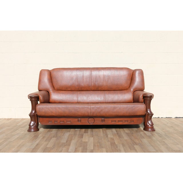 Postmodern 1970s Sculptural Brown Leather Sofa With Solid Wood Frame, Modernist Postmodern Lounge Couch Design For Sale - Image 3 of 18