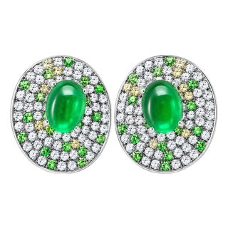 18K White Gold Cabochon Emerald Diamond Huggie Earrings For Sale