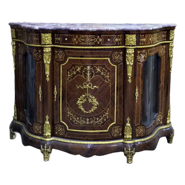 1990s French Louis XVI Curio Cabinet With Marble Top, Glass Side Panels & Hand-Gilded Details For Sale