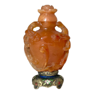Antique Chinese Carved Carnelian Agate Enamel Sterling Silver Stone Snuff Bottle