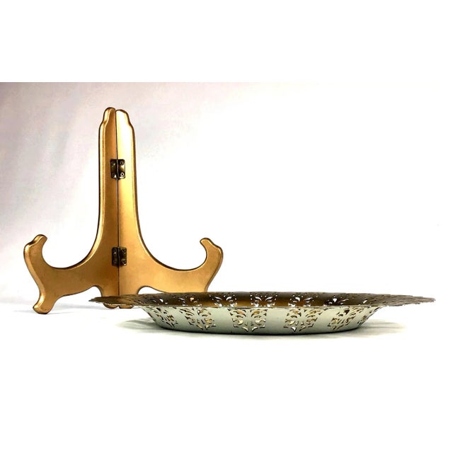 Metal Filigree Toleware Hand Painted Decorative Plate With Stand For Sale - Image 7 of 10