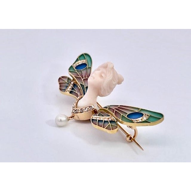 1900's Plique a Jour Butterfly With Carved Chalcedony Ladies Head For Sale - Image 12 of 12