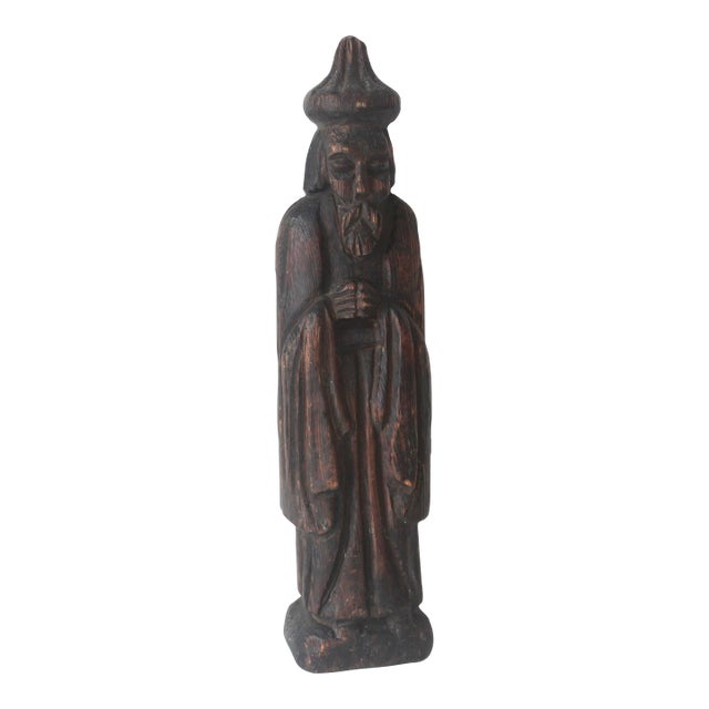 Vintage Carved Wood Monk Sculpture, Japanese Shou Sugi Ban Burned Wood For Sale