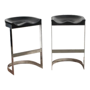 1970s Pair of Warren Bacon Oak and Chrome Stools Stained Black