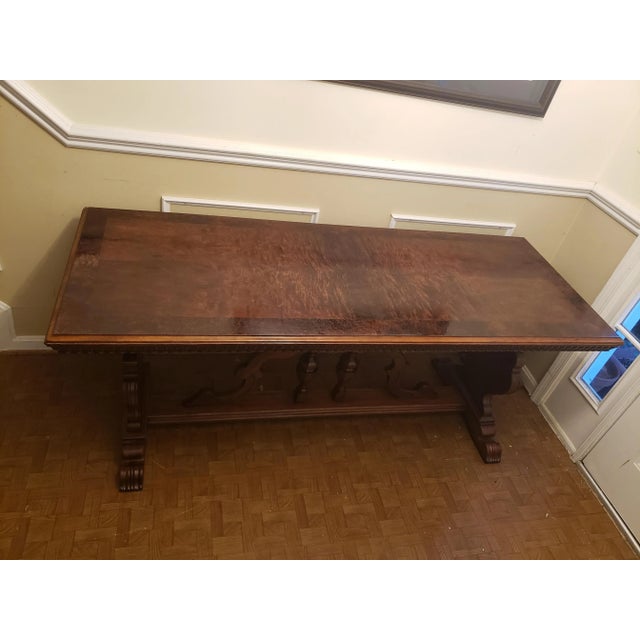 Wood 1910s Imperial Grand Rapids Carved Solid Walnut Trestle Table For Sale - Image 7 of 12