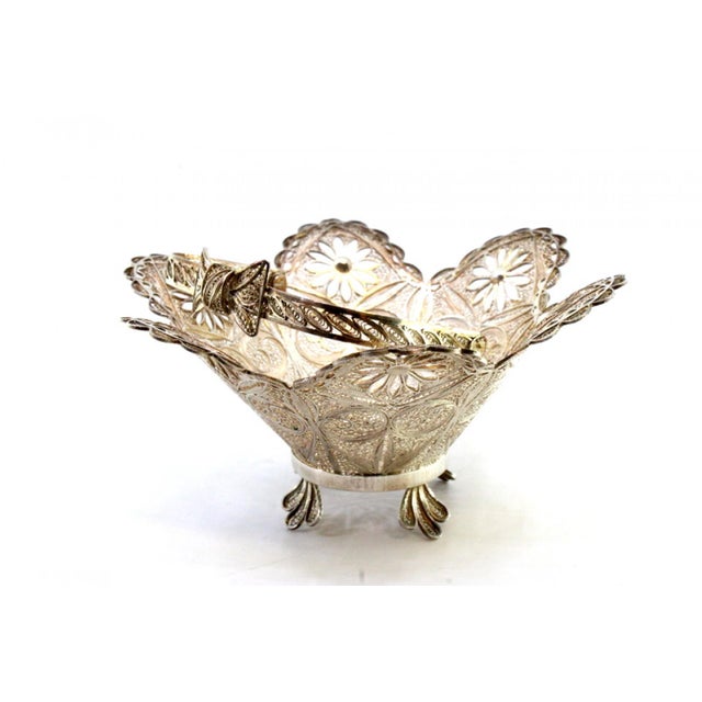 Metal Silver Filigree Bowl with Applications, Cutouts, Bow Handle and Feet For Sale - Image 7 of 9