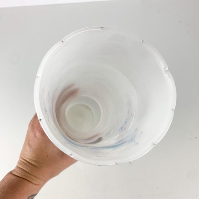 Stunning vintage frosted glass vase - hand blown and hand painted with beautiful blue, white and orange floral motif....