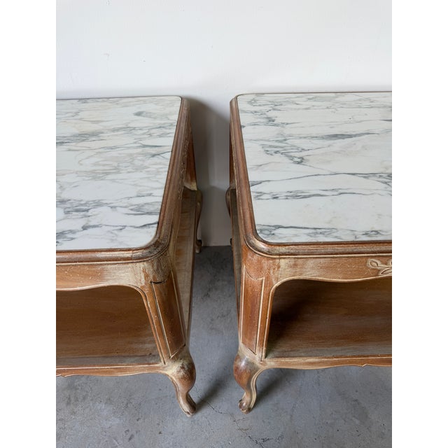 Wood Vintage French Provincial Style Two Tier Marble Top End Tables – A Pair For Sale - Image 7 of 17