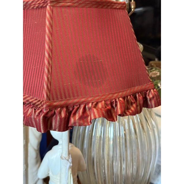 1940s Pair of Lamps White Porcelain Figurines With Custom Pinstriped Shades For Sale - Image 14 of 16