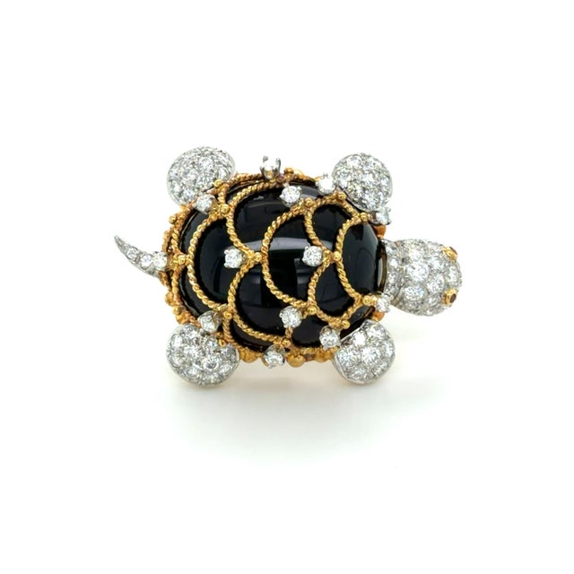 Contemporary Vintage Hammerman Brothers Diamond and Onyx Turtle Brooch, 18k Gold and Platinum For Sale - Image 3 of 8