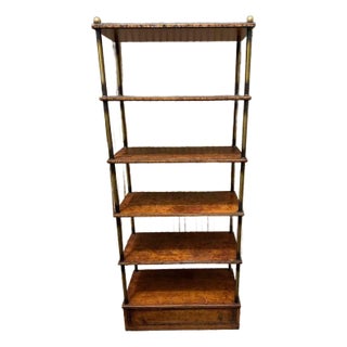 Vintage Hollywood Regency Style Brass Frame Burled Wooden Shelves Bookcase Etagere For Sale