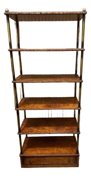 Vintage Hollywood Regency Style Brass Frame Burled Wooden Shelves Bookcase Etagere
