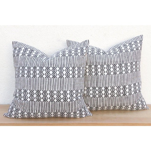 Contemporary Pair of Large Black & White Blockprint Kantha Pillow For Sale - Image 3 of 7