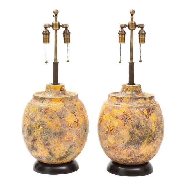 Large Italian Ceramic Lamps with a "Scavo" Glazed Finish - A Pair For Sale
