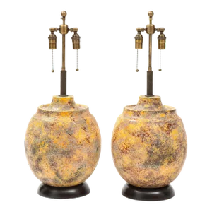 Large Italian Ceramic Lamps with a "Scavo" Glazed Finish - A Pair