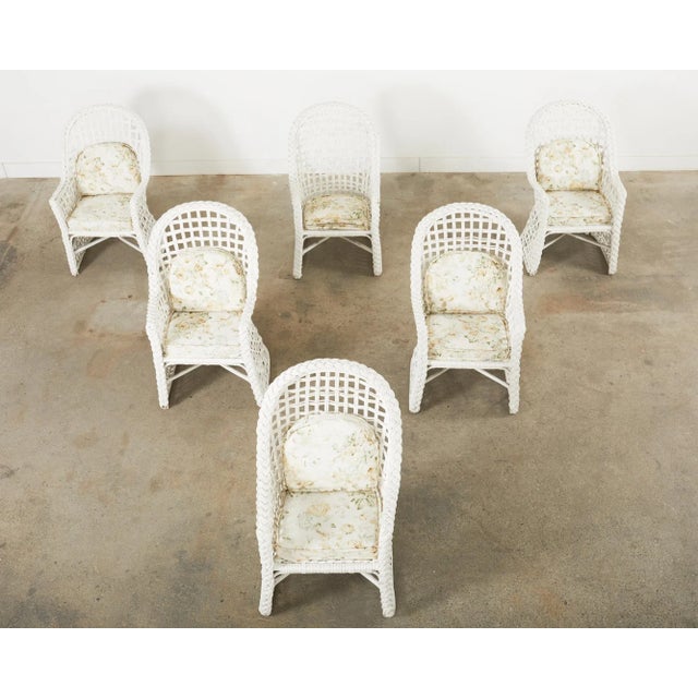 Contemporary Set of Six Painted Wicker Rattan Garden Dining Armchairs For Sale - Image 3 of 12