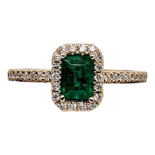 Colombian Emerald Ring W Earth Mined Diamonds in Solid 14k Gold Emerald Cut Size 6.75 For Sale