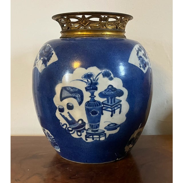 Antique Chinese Kangxi Period (1662-1722) Ormolu Mounted Blue and White Porcelain Ginger Jar Vase Decorated With Precious Objects For Sale - Image 4 of 12