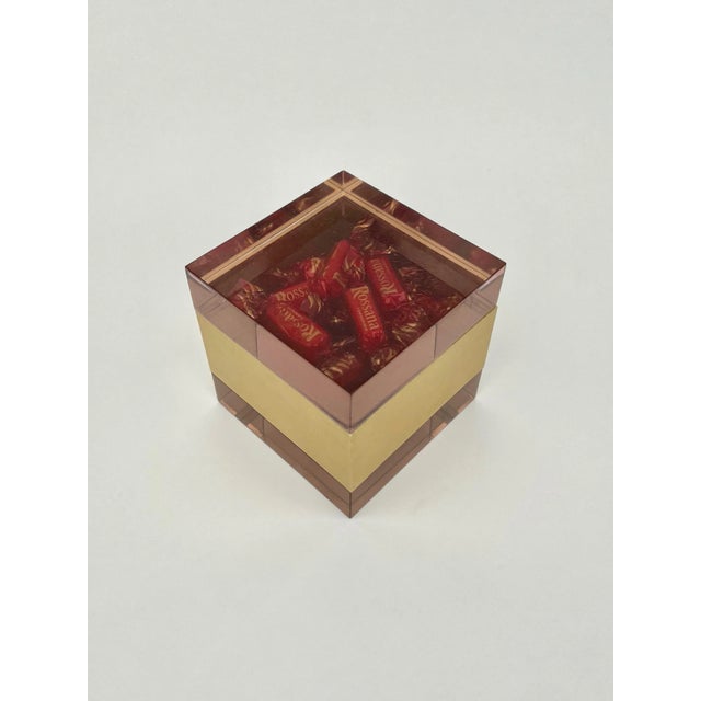 Gold Purple Acrylic & Gold Metal Cube Box by Alessandro Albrizzi, Italy, 1970s For Sale - Image 8 of 15