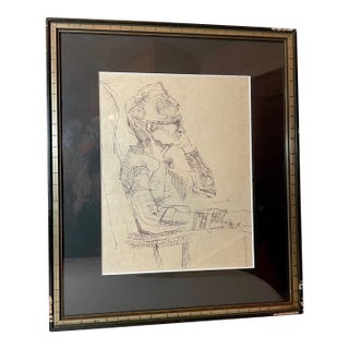 Vintage 1971 Original S. Stirling Stylized Ink Drawing Model Sketch Elder Lady For Sale