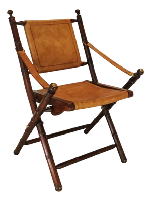 Faux Bamboo and Stitched Tan Leather Folding Safari Chair with Sling Arms, 1990s