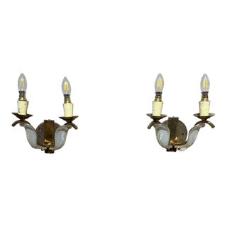 1950s French Red Star Floral Sconces in Brass and Art Glass - a Pair For Sale