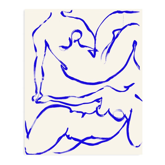 "Sisters" (2024) Elegant abstract female body painting. Vivid blue paint on warm beige unprimed canvas. Large oversized...