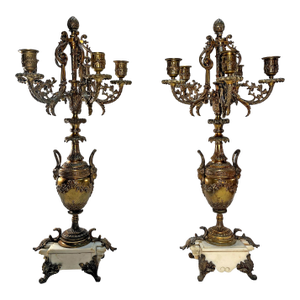 Antique Rococo Revival Baroque-Style Brass & Marble 5-Arm Candelabras- a Pair