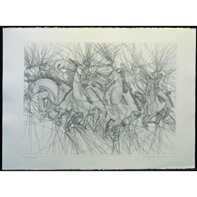 1980s Guillaume Azoulay "Embuscade" Hand Signed Etching of Horses For Sale - Image 5 of 5
