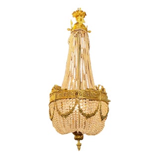 Early 20th Century French Empire Gilt Bronze and Crystal Basket Chandelier For Sale