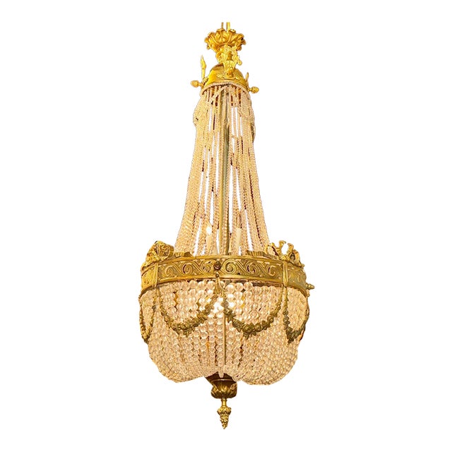 Early 20th Century French Empire Gilt Bronze and Crystal Basket Chandelier For Sale