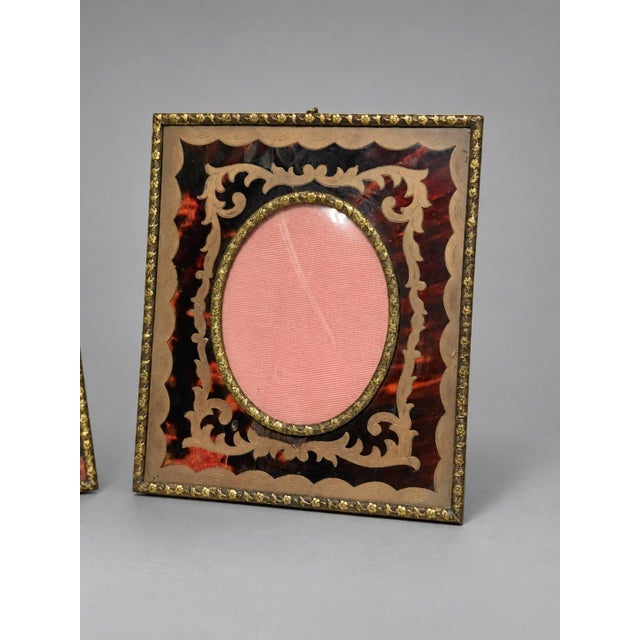 French Pair of Napoleon III Style Boulle Inlaid Miniature Picture Frames, C. 1890 For Sale - Image 3 of 10