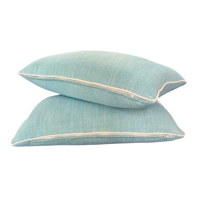 Textile Pair of Indoor/Outdoor Aqua Lumbar Pillows With White Contrast Welt For Sale - Image 7 of 8