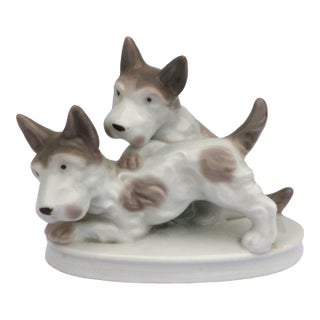 Vintage Gray and White Terrier Dogs Playing Porcelain Figurine Japan For Sale
