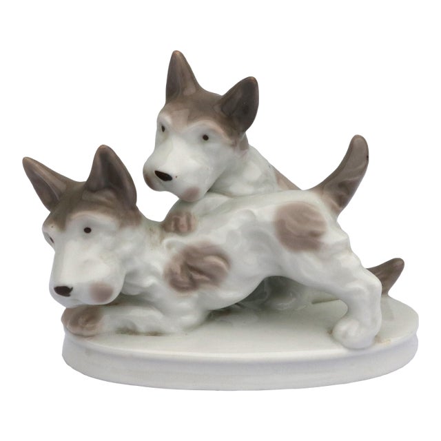Vintage Gray and White Terrier Dogs Playing Porcelain Figurine Japan For Sale