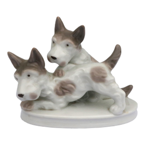 Vintage Gray and White Terrier Dogs Playing Porcelain Figurine Japan