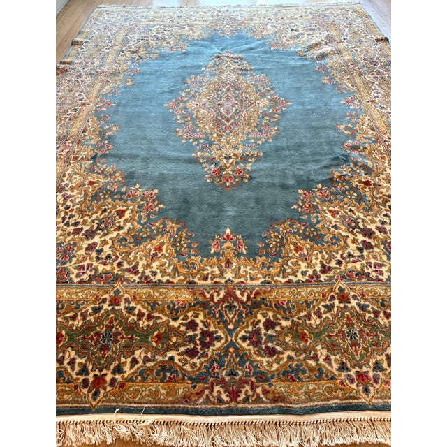 Antique Kerman Carpet, Fine Persian Oriental Rug Light Blue, Ivory, Gold, Green For Sale - Image 11 of 12