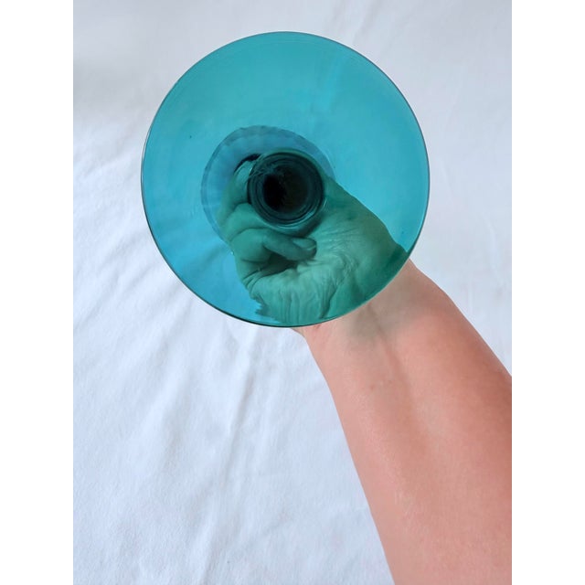 Italian Italian Mid 20th Century, Ribbed Optic Empoli on Long Stem in Peacock/Teal For Sale - Image 3 of 6