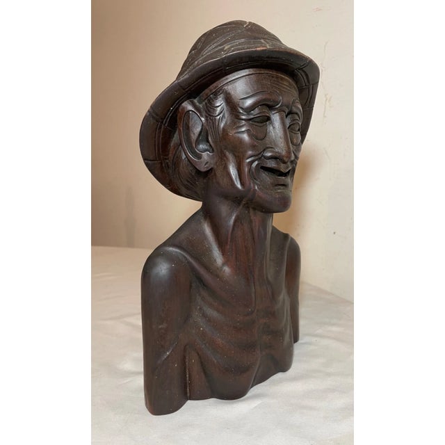1930s Hand Carved Wooden Balinese Elder Old Man Bust Sculpture Statue Bust For Sale - Image 4 of 13