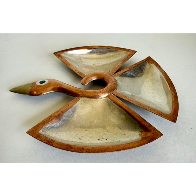 Los Castillo 1950s Los Castillo Taxco Copper & Silverplated Metal Bird Divided Dish For Sale - Image 4 of 7