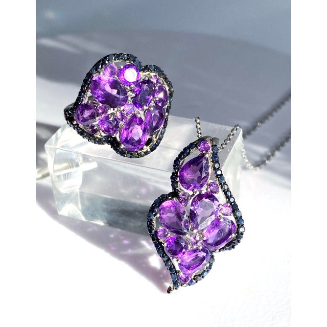 2020s Amethyst & Black Sapphire Statement Necklace and Ring Set in Sterling Silver | Italian Roma Chain | Art Deco–Inspired Elegance For Sale - Image 5 of 10