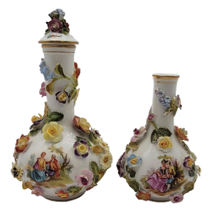 Set of 2 Antique Meissen-Style Porcelain Covered Jar and Vase Carl Thieme Dresden Mark