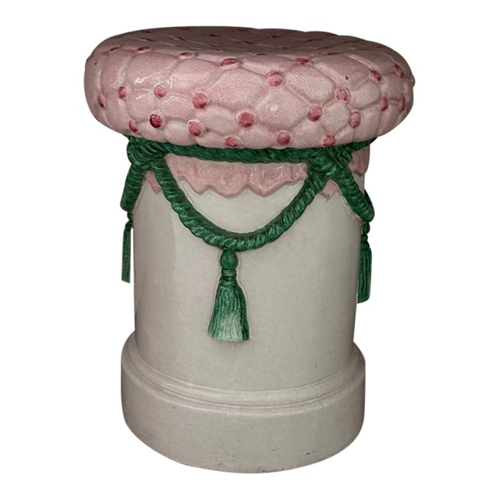 Vintage Italian Glazed Terracota/Majollica Garden Seat Circa 1970's With Rope and Tassel