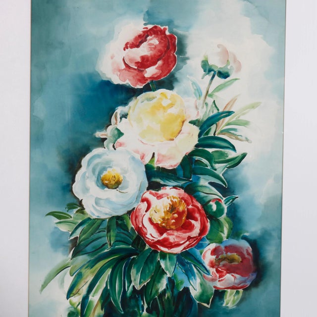 An oversized vintage floral still life painting depicts bouquet of garden flowers (possibly peonies), artist signed lower...