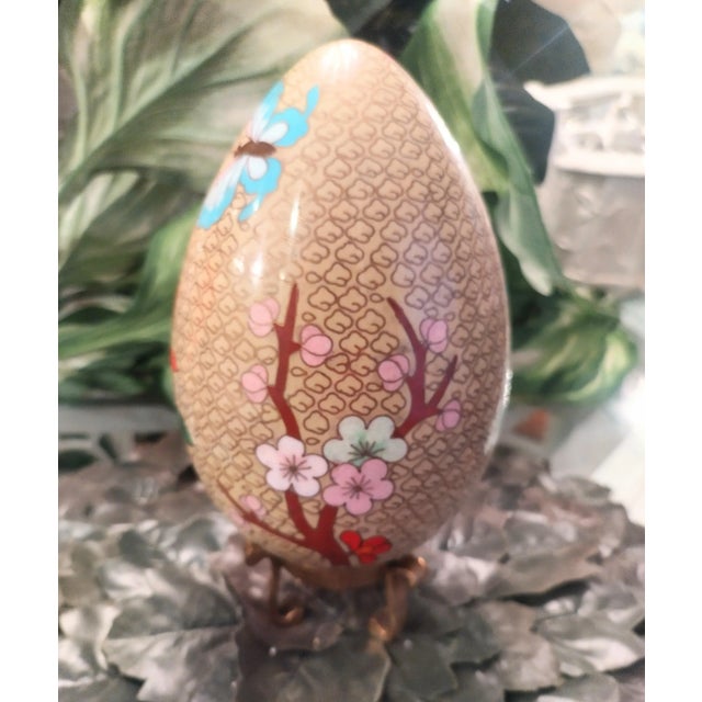 Vintage Floral Pink Green Brass Cloisonne Egg on Brass Stand For Sale - Image 4 of 9