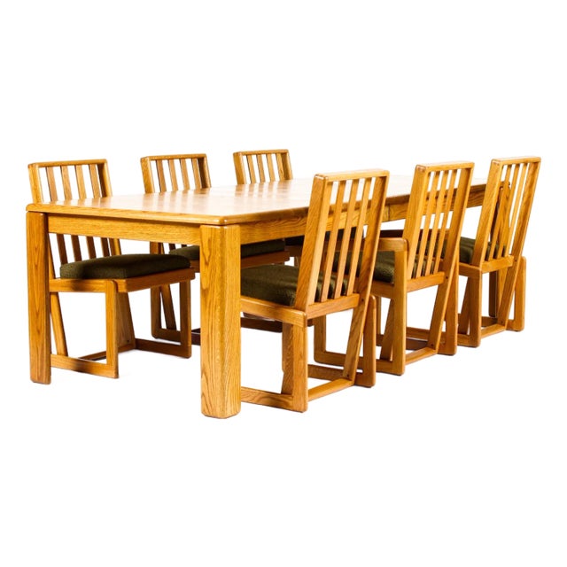 Vintage Mid Century 70’s Chunky White Oak Dining Set — Glenn of California — Table + 6 Chairs For Sale