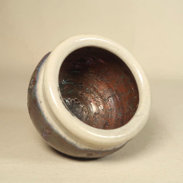 Late 20th Century Handmade Textured Raku Studio Pottery Vessel in Iridescent Burnt Sienna Glaze With Plum & Green Reduction Finish For Sale - Image 11 of 13
