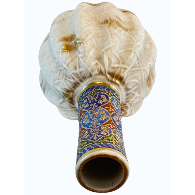 19th Century Tall Art Glass Vase With Melon Ribbing, Gilt and Enamel Opal Glass Attributed to Harrach, 1880s-1920's. For Sale - Image 5 of 15